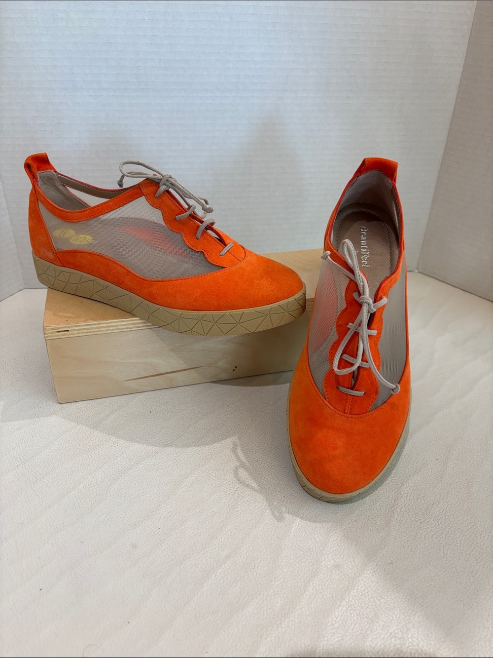 BeautiFeel Vibrant Orange Suede Mesh Lace-Up Wedge Sneakers